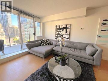 Vancouver apartment for rent - A living room with a grey sofa and a coffee table with a plant on it.
