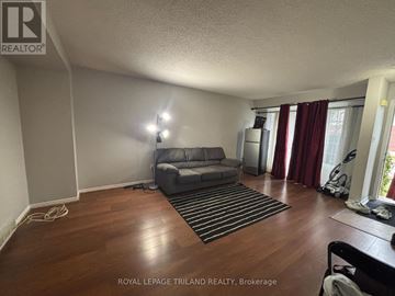 London East (East I) townhouse for rent - A living room with a grey couch and a striped rug.