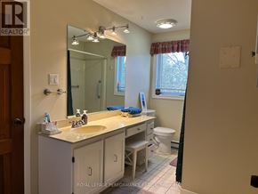 Alfred And Plantagenet apartment for rent - A bathroom with a sink, mirror, toilet, and a window.