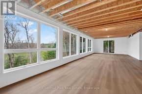 Huntsville (Chaffey) apartment for rent - A room with wooden floors and a large window overlooking a wooded area.