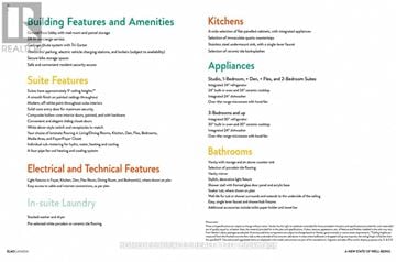 Toronto (Dovercourt-Wallace Emerson-Junction) condo for rent - A page from a brochure detailing the features and amenities of a building, including kitchens, suite features, and bathrooms.