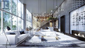 Vaughan (Vaughan Corporate Centre) condo for rent - A modern living room with a white sofa and a large window.