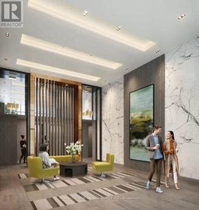 Hamilton (Kirkendall) condo for rent - A modern lobby with a reception desk and a large painting on the wall.