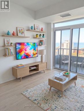 Burlington (Brant) condo for rent - A living room with a television, a bookshelf, and a coffee table.