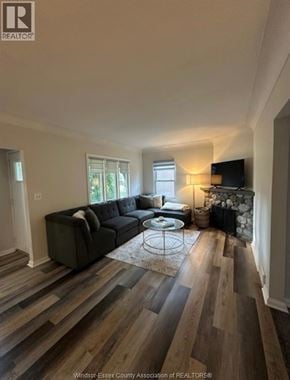 Windsor apartment for rent - A living room with a grey couch and a stone fireplace.