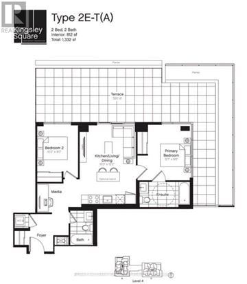 Newmarket (Huron Heights-Leslie Valley) condo for rent - A black and white image of a Type 2E-T(A) floor plan for a 2 Bed, 2 Bath interior.