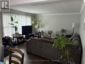 St. Catharines (E. Chester) apartment for rent - A living room with a grey couch, a wooden chair, a television, and a potted plant.