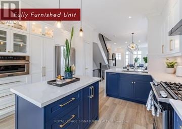Oakville (Ro River Oaks) townhouse for rent - Fully furnished unit in a modern kitchen with blue cabinets.