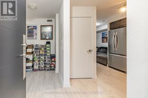 Toronto (Waterfront Communities) condo for rent - A hallway with a door on the right and a wall of boxes on the left.