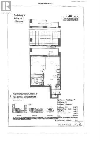 Markham (Unionville) condo for rent - A drawing of a floor plan for a 540 square foot apartment in Building A Suite 18.