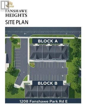 London North (North C) townhouse for rent - A site plan for Fanshawe Heights shows Block A and Block B.