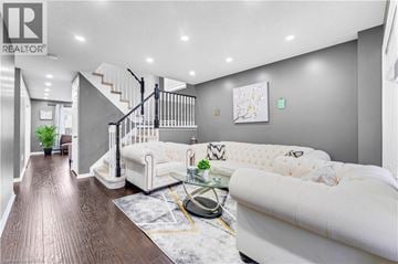 Brantford apartment for rent - A modern living room with a white sofa and a wooden floor.