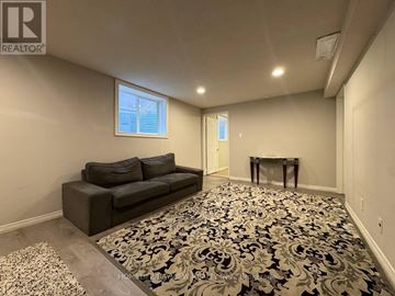 Richmond Hill (North Richvale) apartment for rent - A living room with a grey couch and a floral carpet.