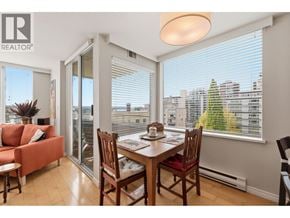 Vancouver apartment for rent - A dining room with a table set for two and a view of the city.