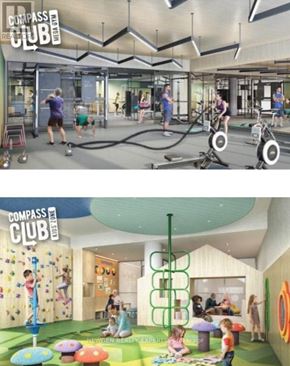 Toronto (Regent Park) condo for rent - A rendering of a Compass Club gym with various exercise equipment and people working out.