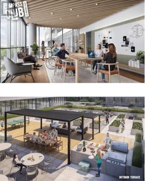Toronto (Regent Park) condo for rent - A modern outdoor seating area with people dining and socializing.