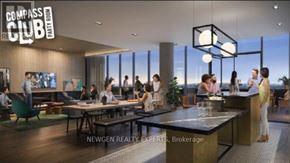 Toronto (Regent Park) condo for rent - A group of people are gathered in a modern club-like setting with a sign that reads "COMPASS CLUB".