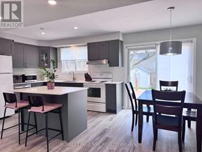 St. Catharines (Lakeport) apartment for rent - A modern kitchen with a dining table and chairs.