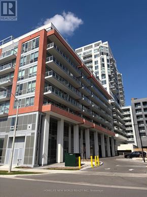 Richmond Hill (South Richvale) condo for rent - A large red and white building with HomeLife New World Realty Inc. written on the bottom.