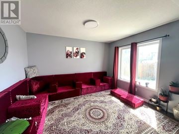 Brantford apartment for rent - A living room with a red couch and a rug.