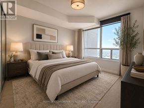 Toronto (Bendale) condo for rent - A well-lit bedroom with a large bed and a view of the city.