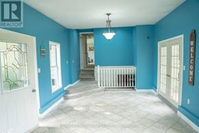 Mulmur apartment for rent - A blue painted house interior with a white door and a staircase.