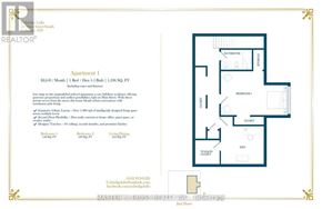 Uxbridge condo for rent - Apartment floor plan with a bedroom, bathroom, living room, dining room, kitchen, and laundry room.