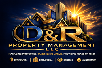 Baton Rouge apartment for rent - A logo for D&R Property Management LLC with a sunset and buildings in the background.