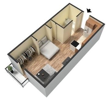 Hickory apartment for rent - A 3D image of a small apartment with a bedroom, living room, and kitchen.