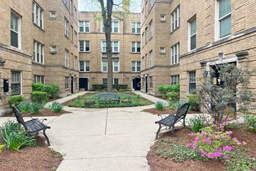 Oak Park apartment for rent - A courtyard with a bench and a tree in the middle.