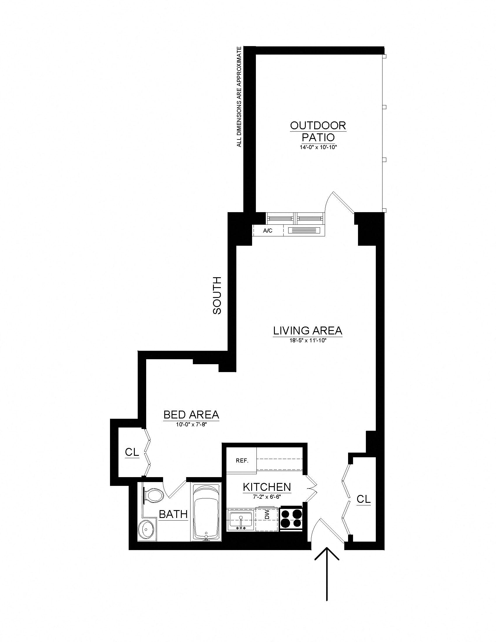 Floor plan for studio, 1 bath, 437 sqft