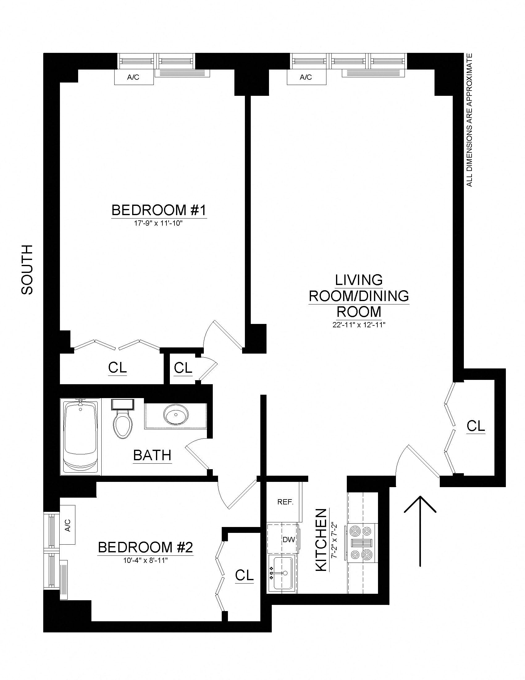 Floor plan for 2 beds, 1 bath, 904 sqft