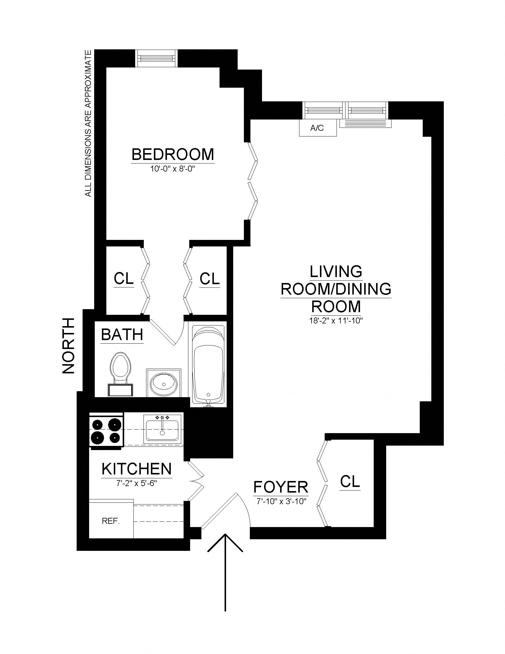 Floor plan for studio, 1 bath, 461 sqft