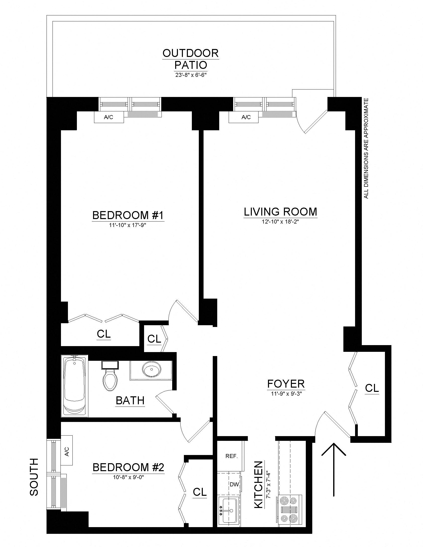 Floor plan for 2 beds, 1 bath, 904 sqft