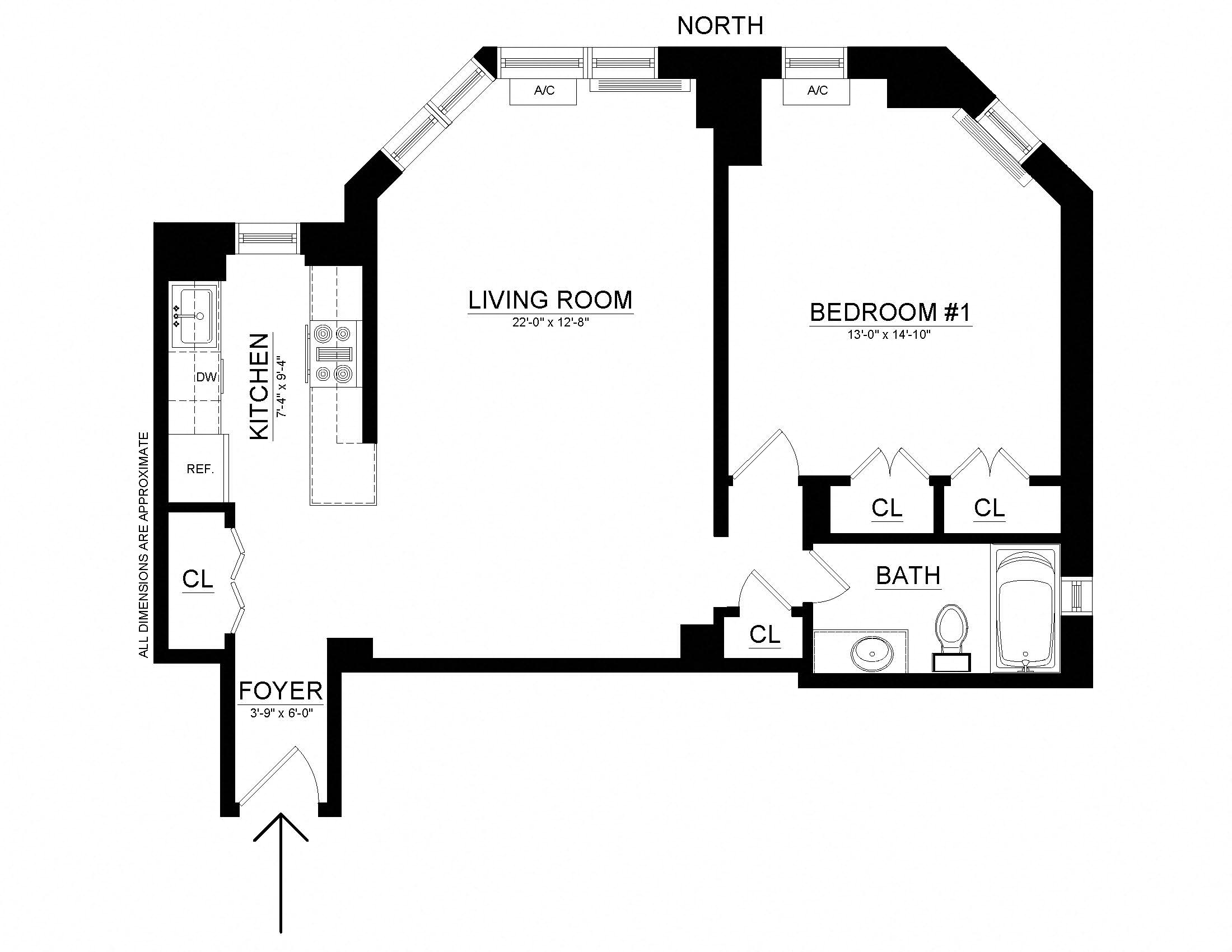 Floor plan for 1 bed, 1 bath, 700 sqft