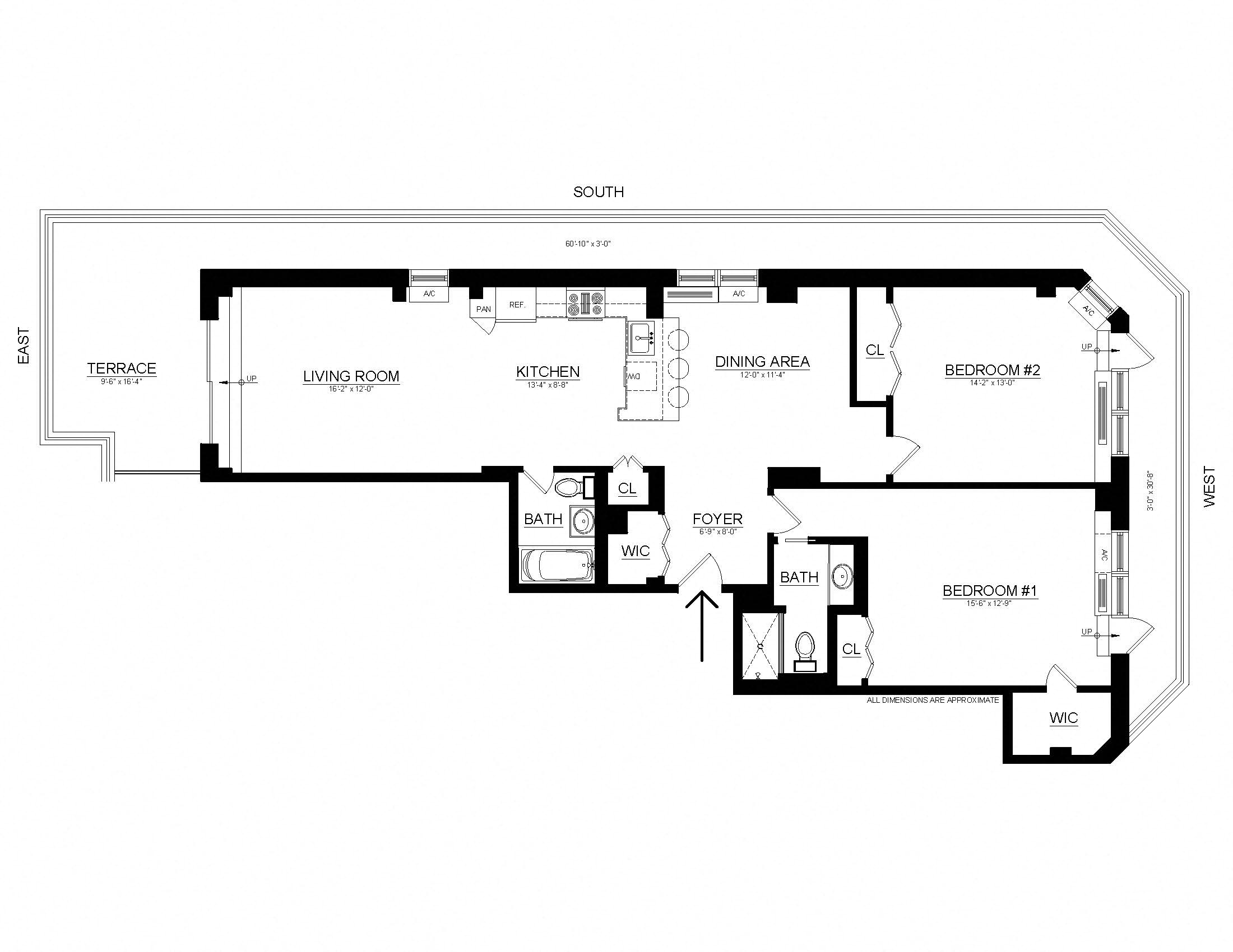 Floor plan for 2 beds, 2 baths