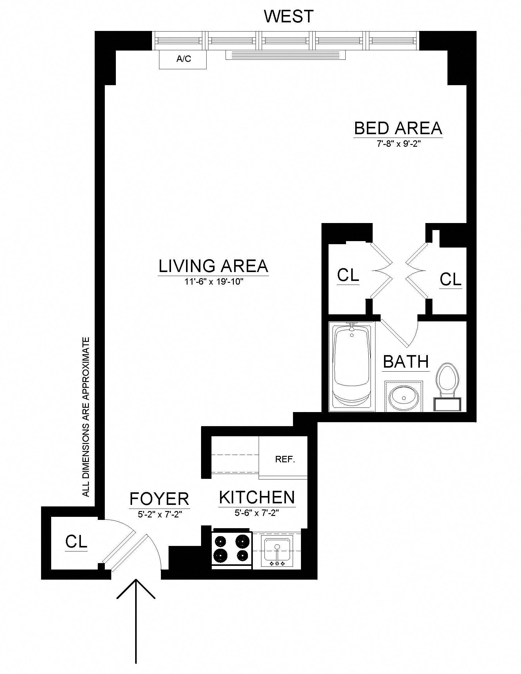 Floor plan for studio, 1 bath, 478 sqft