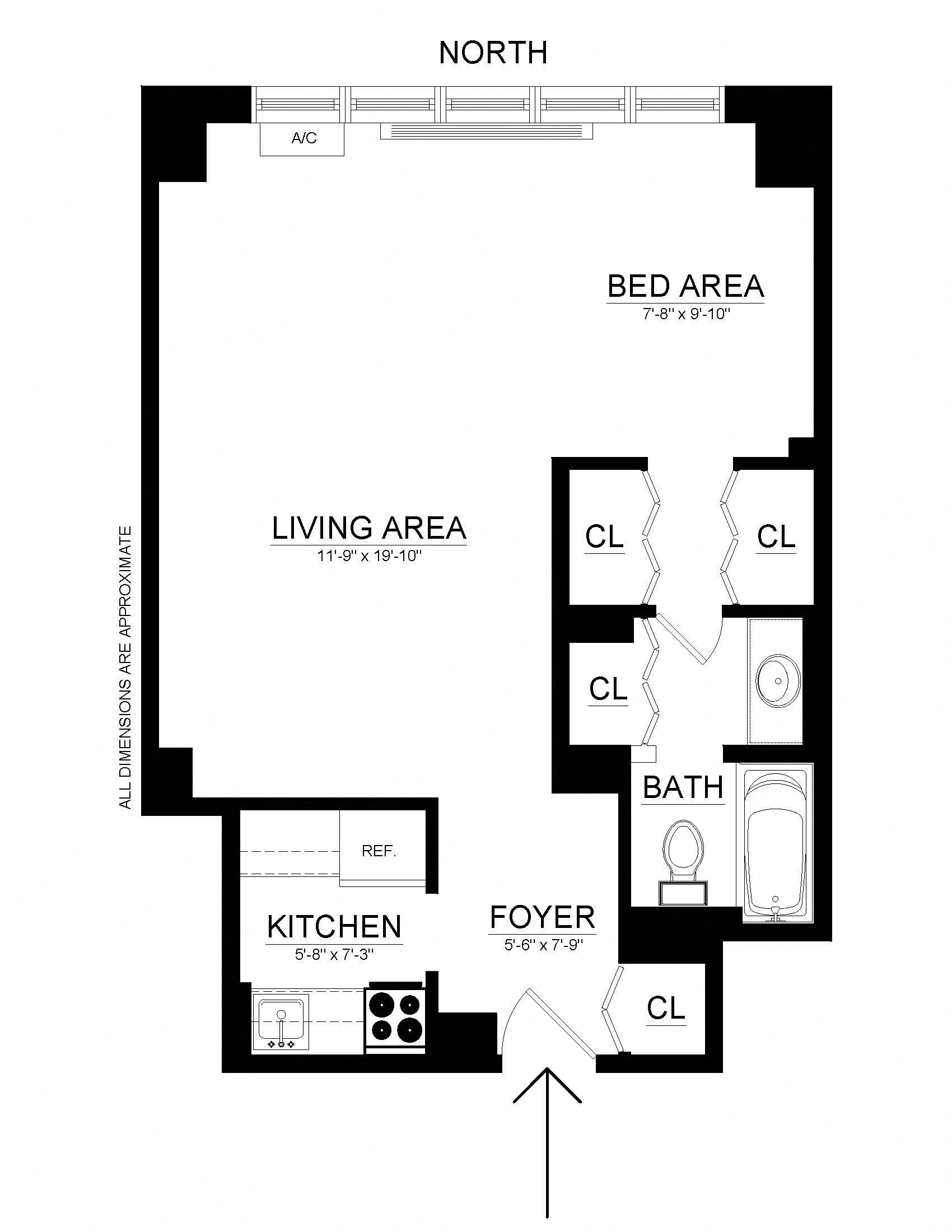 Floor plan for studio, 1 bath, 515 sqft