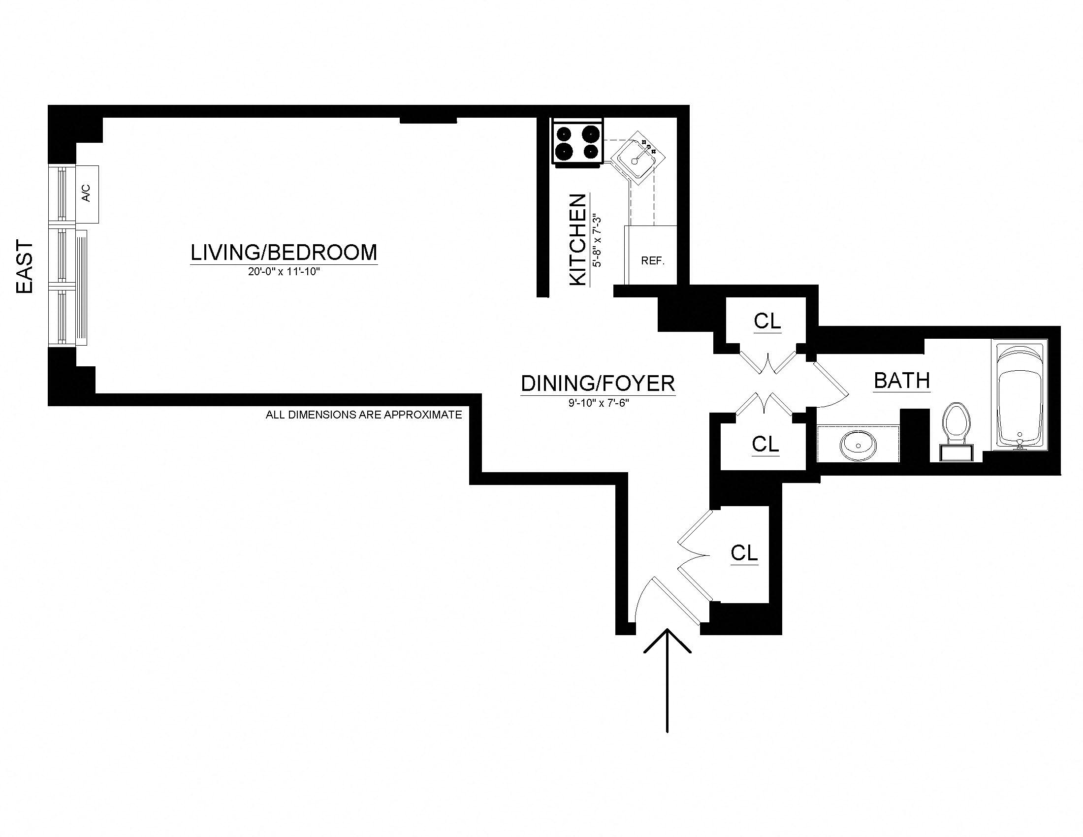 Floor plan for studio, 1 bath, 479 sqft