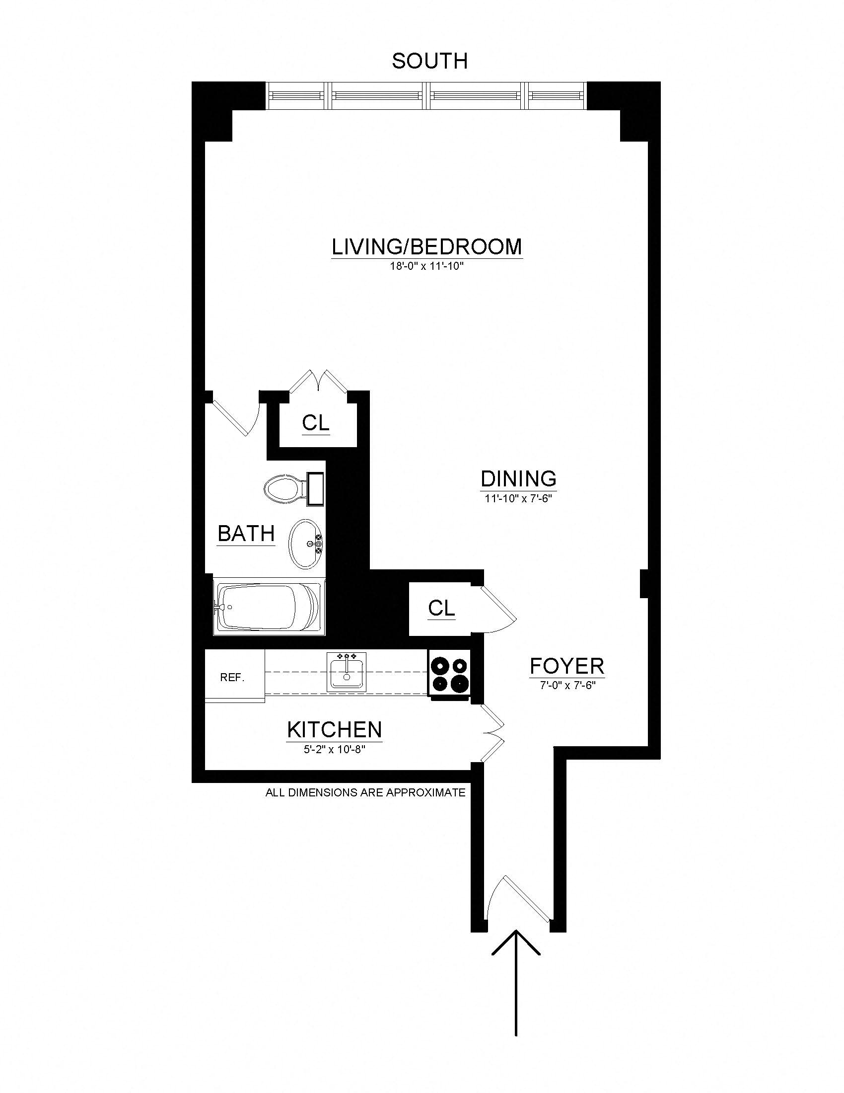 Floor plan for studio, 1 bath, 540 sqft