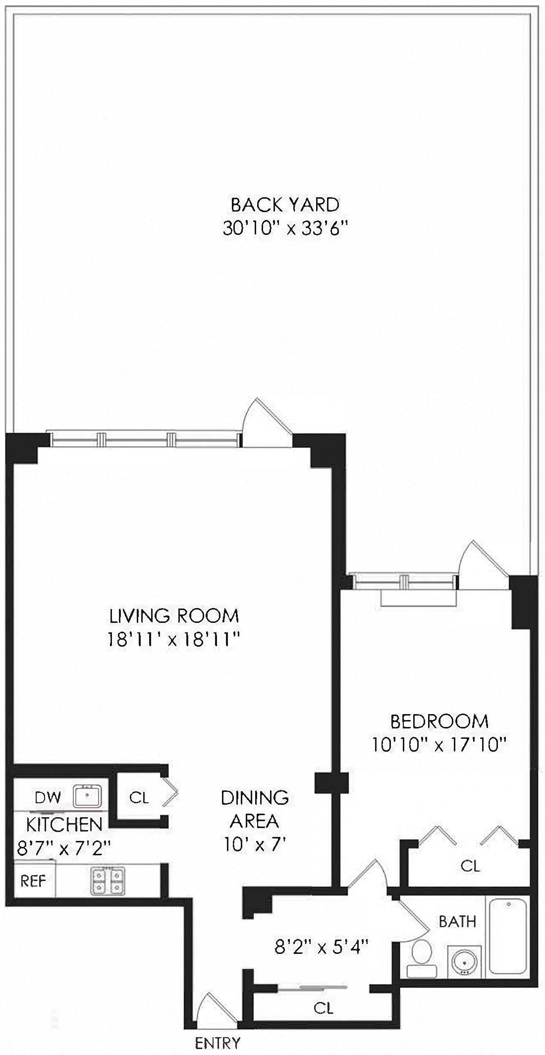 Floor plan for 1 bed, 1 bath, 850 sqft