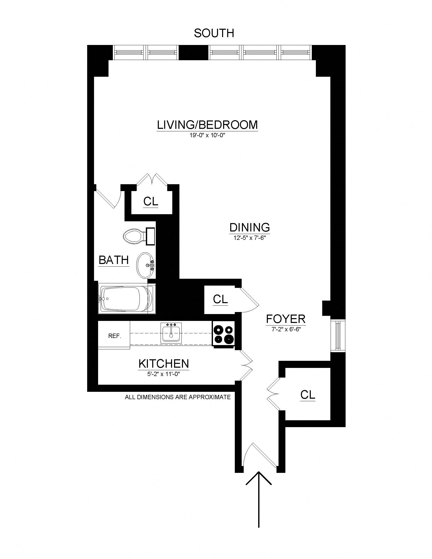Floor plan for studio, 1 bath, 521 sqft
