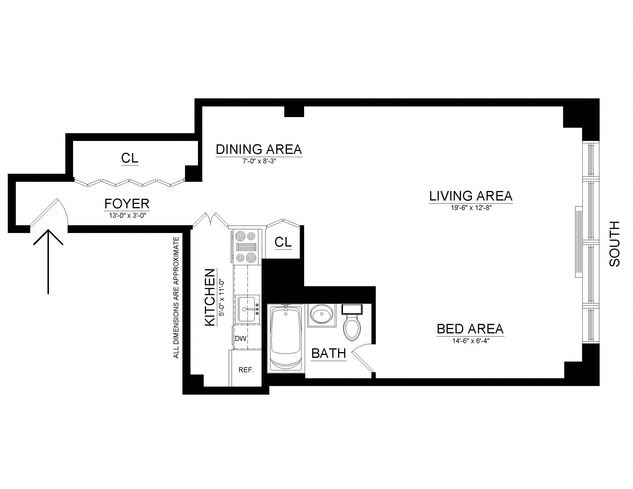 Floor plan for studio, 1 bath, 584 sqft
