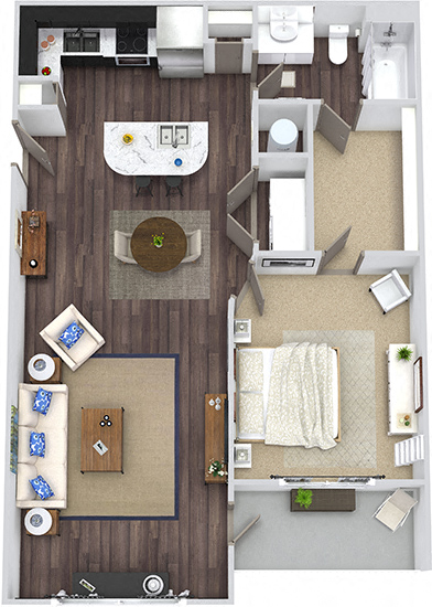 Floor plan for 1 bed, 1 bath, 843 sqft