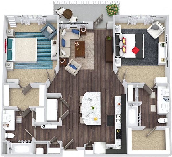 Floor plan for 2 beds, 2 baths, 1136 sqft