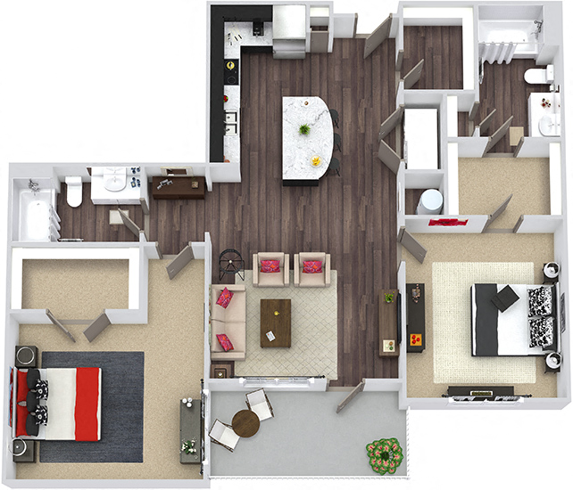 Floor plan for 2 beds, 2 baths, 1223 sqft