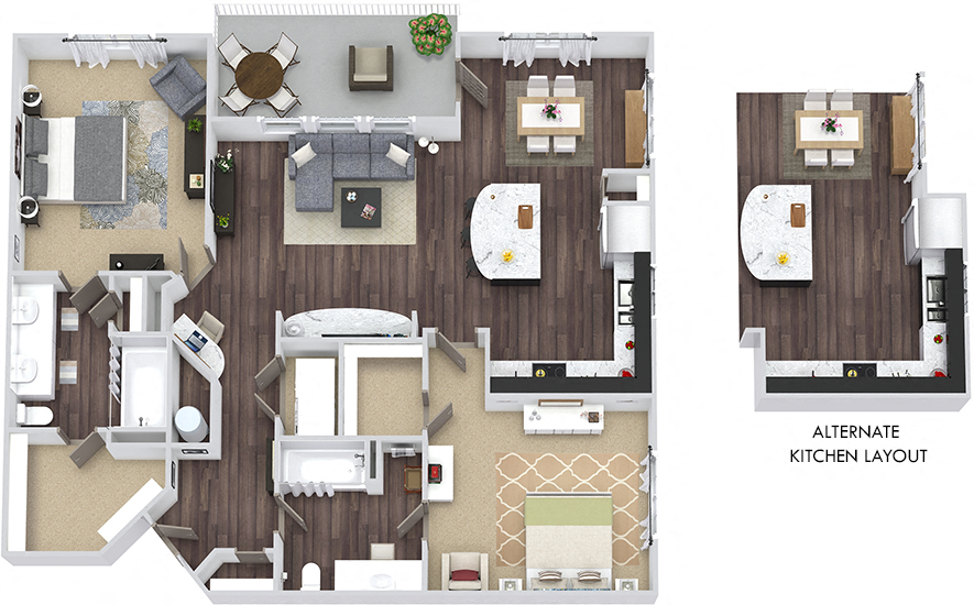 Floor plan for 2 beds, 2 baths, 1251 sqft