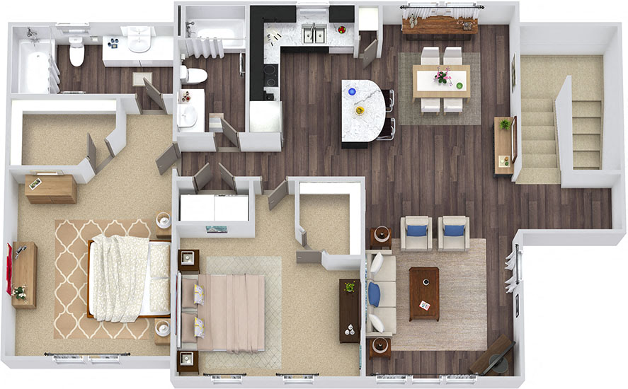 Floor plan for 2 beds, 2 baths, 1260 sqft
