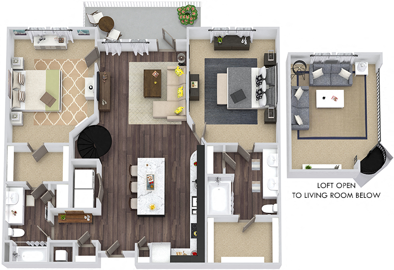 Floor plan for 2 beds, 2 baths, 1326 sqft