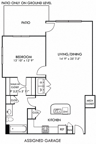 Floor plan for 1 bed, 1 bath, 977 sqft
